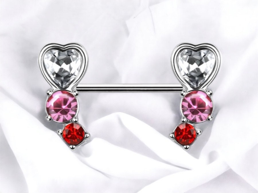 Pair of 14G Clear Pink Red Gem Heart Gem Nipple Barbell