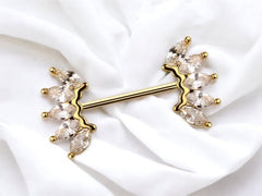 14G Gold Sparkling Marquise Crystals Ends Nipple Barbells. Nipple Rings. Nipple Piercings. Nipple Jewelry. Body Jewelry.