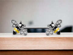 Silver Bees with Clear Gems Nipple Jewelry Barbells