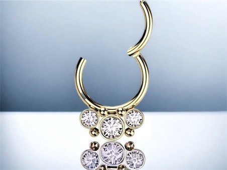 16G Gold Bezel Set Sparkling Clear Gem Hinged Septum Clicker Ring