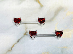 Pair of 14G Prong Set Silver Red Heart Shape Nipple Barbells. Nipple Piercings. Nipple Rings. Nipple Jewelry