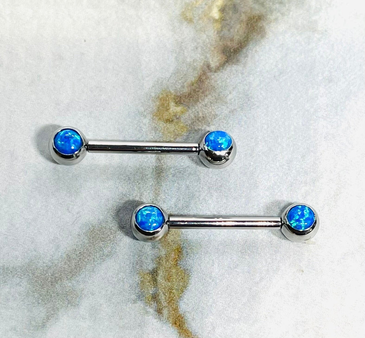 Pair of 14G Internally Threaded Bezel Setting Blue Opal Stone Nipple Barbells. Nipple Rings. Nipple Piercing. Nipple Jewelry