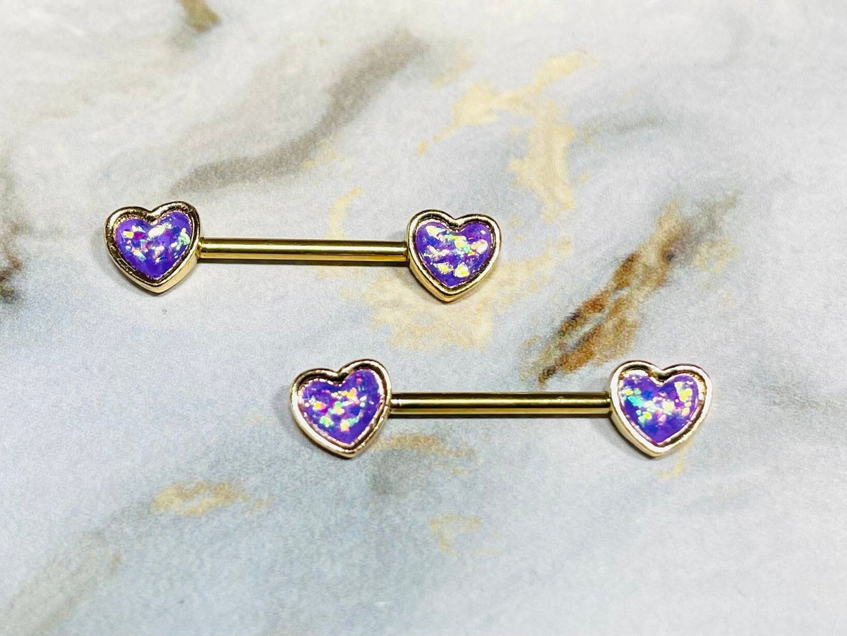 Pair of 14G Gold Opal Glitter Hearts Nipple Barbells. Nipple Piercing. Nipple Rings. Nipple Jewelry