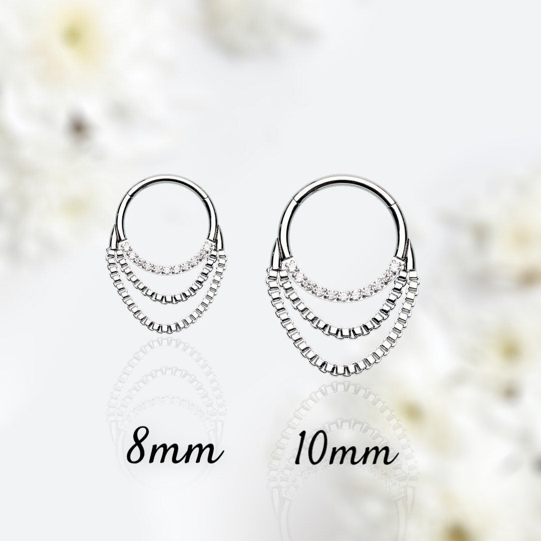 16G Silver Clear Gems Dangling Chains Seamless Septum Clicker Ring