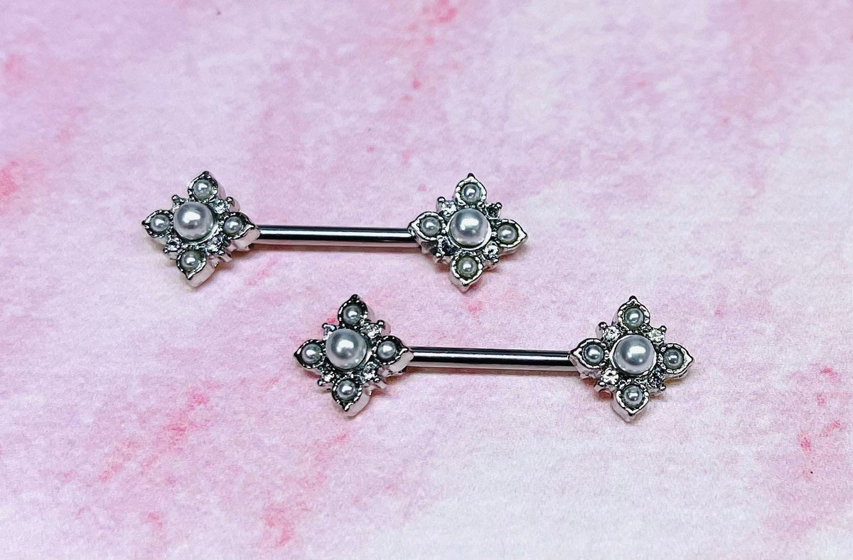 Pair of 14G Silver Vintage White Pearl Paved Flower Ends Nipple Barbells. Nipple Piercing. Nipple Rings. Nipple Jewelry. Body Jewelry.