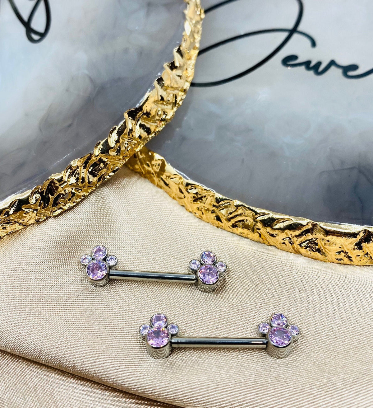 Pair of 14G Implant Grade Titanium Internally Threaded Pink Gem Paws Nipple Barbell. Nipple Barbell. Nipple Jewelry