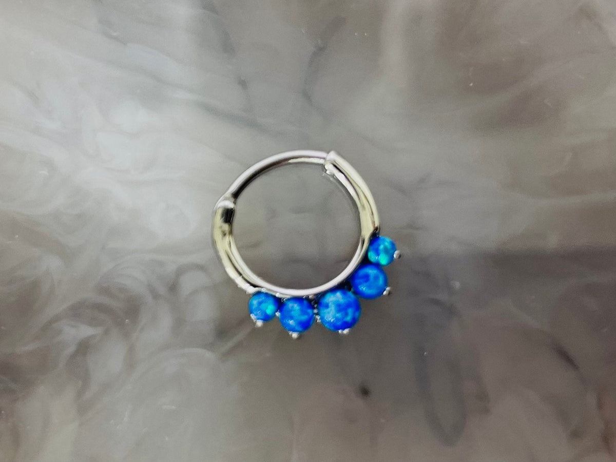 16G Silver Round Blue Opal Center Hinger Septum Clicker Ring