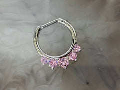 16G Silver Prong Set Sparkling Pink Stone Septum Clicker Ring