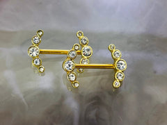 Pair of 14G Surgical Steel Gold Sparkling Clear Stone Ray Nipple Barbell. Nipple Jewelry. Nipple Piercing.