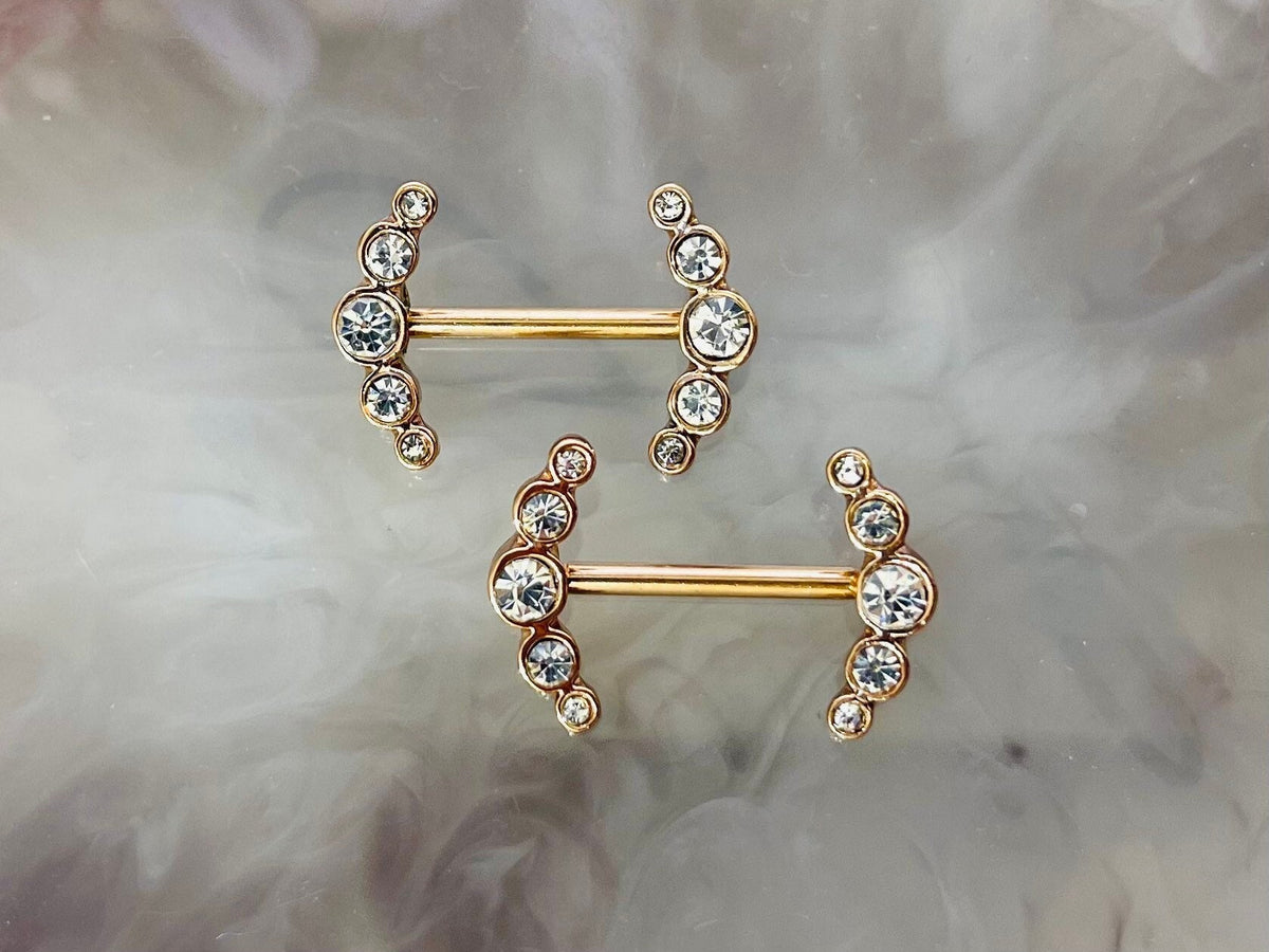 Pair of 14G Surgical Steel Rose Gold Sparkling Clear Stone Ray Nipple Barbell. Nipple Jewelry. Nipple Piercing.