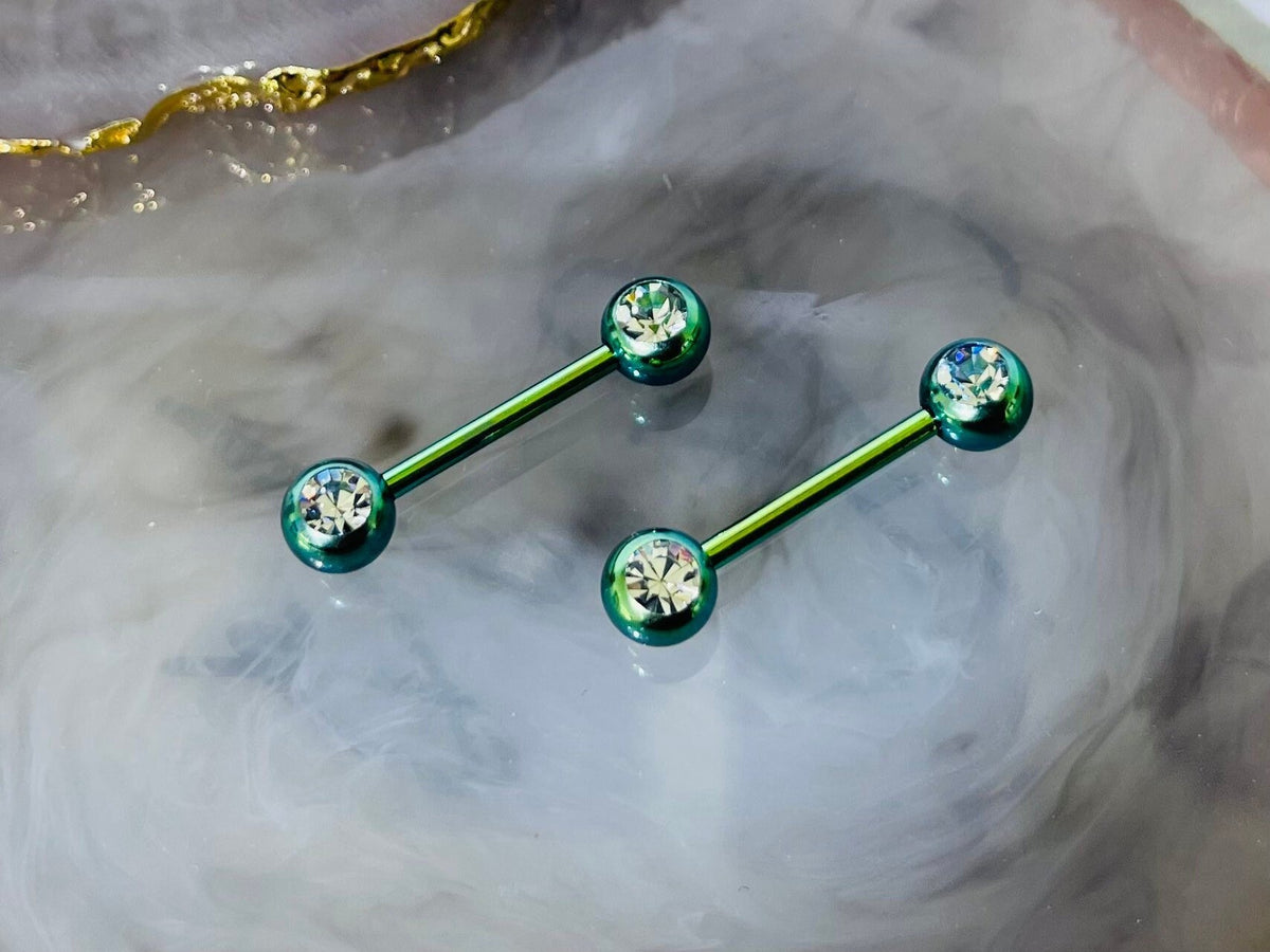 Pair of 14G Green Front Facing Clear Gems Nipple Barbell. Nipple Jewelry. Nipple Piercing.