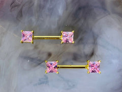 14G Gold Dainty Pink Square Stone Nipple Barbell. Nipple Jewelry. Nipple Piercing. Body Jewelry. Boob Piercing