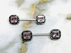 Pair of 14G Antique Silver with Pink Square Stone Nipple Barbells. Nipple Piercing. Nipple Rings. Nipple Jewelry