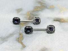 Pair of 14G Antique Silver with Purple Square Stone Nipple Barbells. Nipple Piercing. Nipple Rings. Nipple Jewelry