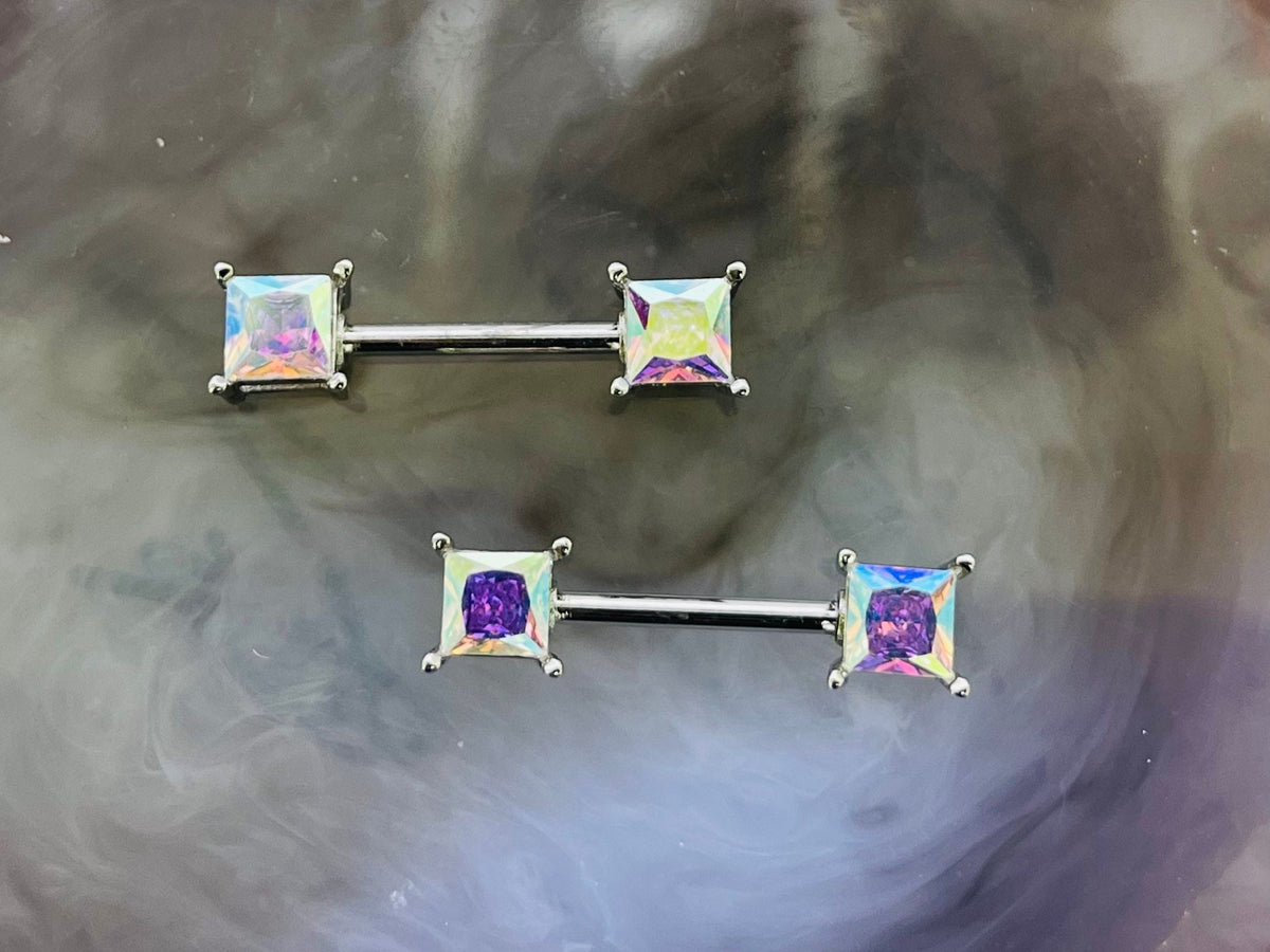 Pair of 14G Silver Sparkling Iridescent Square Stone Nipple Barbell. Nipple Jewelry. Nipple Piercing.