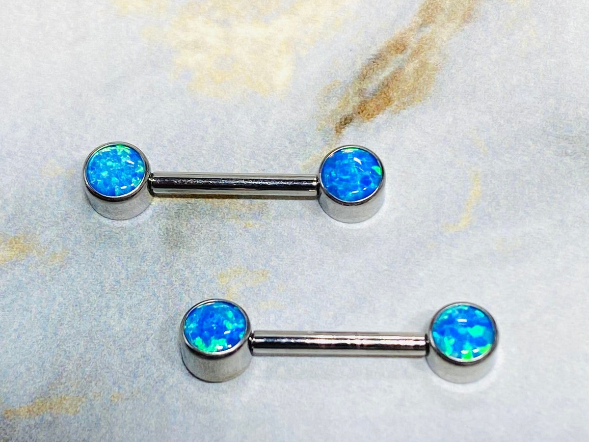 14G Implant Grade Titanium Internally Threaded Blue Opal Nipple Barbells. Nipple Rings. Nipple Piercings. Nipple Jewelry.