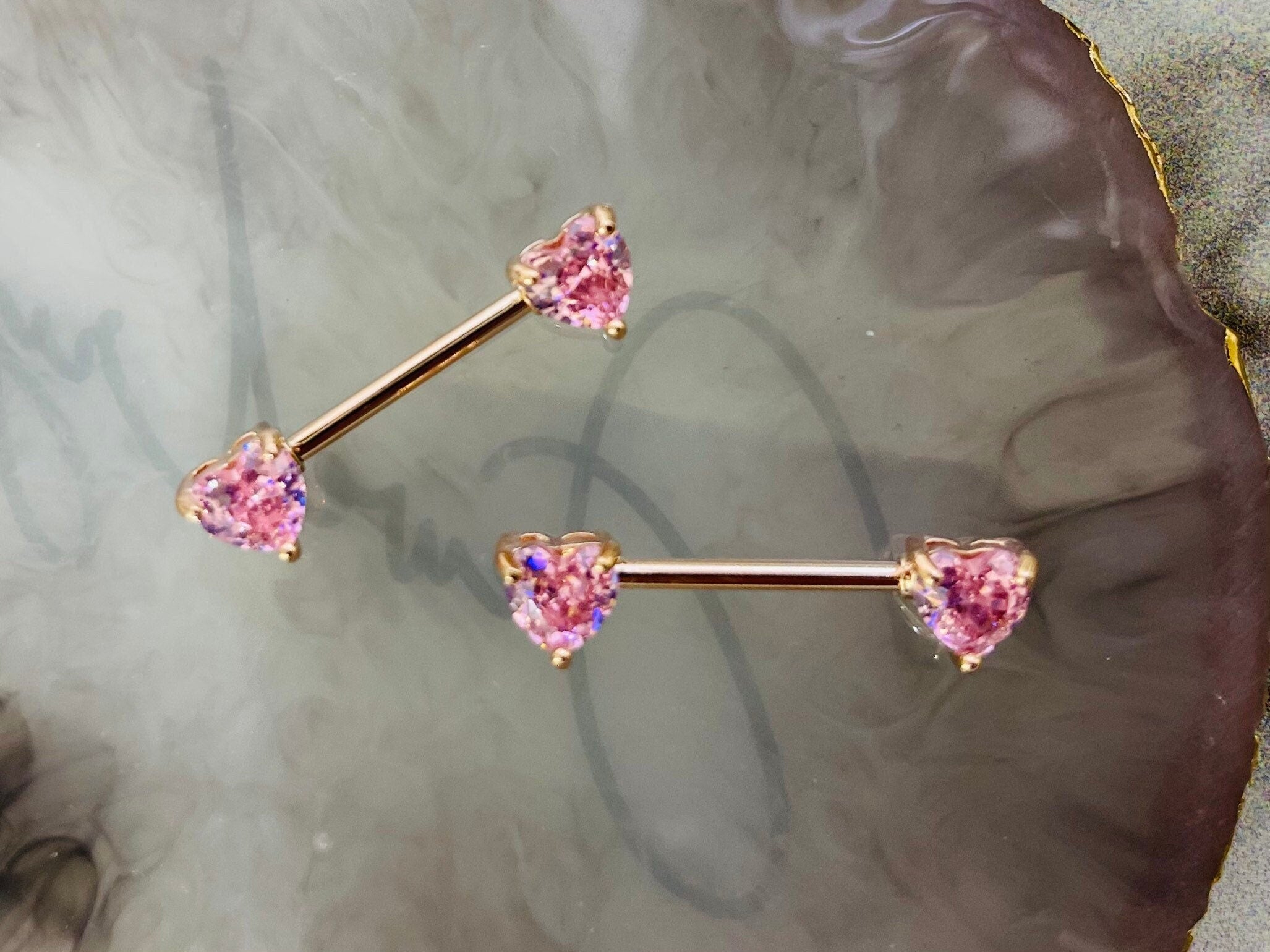 Pair of 14G Rose Gold Pink Heart Stone Nipple Barbells