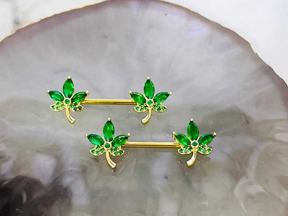 Pair of 14G Gold CZ Leaves Nipple Barbell. Nipple Piercing. Nipple Rings. Nipple Jewelry