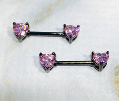 14G Prong Set Black Heart Shape Pink Stones Nipple Barbells. Nipple Piercings. Nipple Rings. Nipple Jewelry