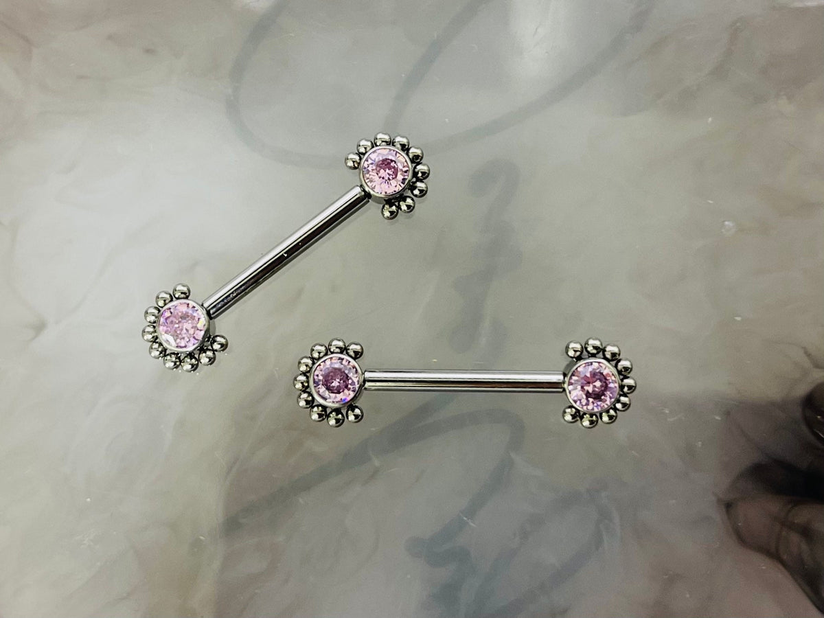 Pair of 14G Implant Grade Titanium Internally Threaded Pink Gems Beaded Edge Nipple Barbell. Nipple Piercing. Nipple Jewelry