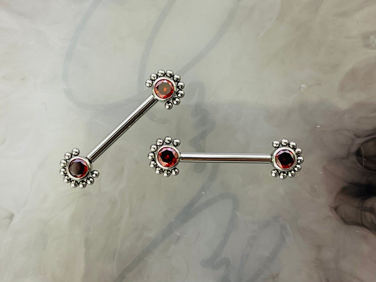 Pair of 14G Implant Grade Titanium Internally Threaded Red Gems Beaded Edge Nipple Barbell. Nipple Piercing. Nipple Jewelry