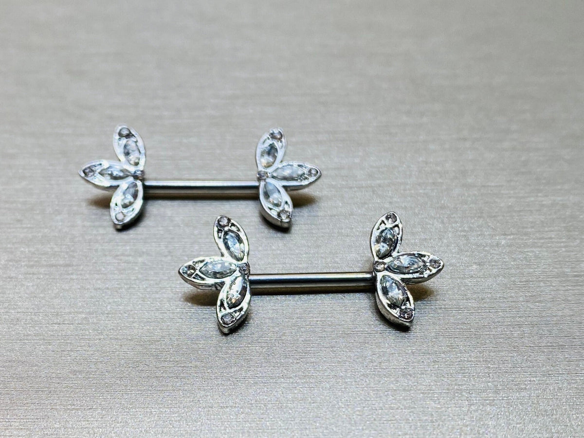 14G Clear Stone Three Petals Flower Nipple Barbell. Nipple Piercings. Nipple Rings. Nipple Jewelry.