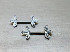 14G Clear Stone Three Petals Flower Nipple Barbell. Nipple Piercings. Nipple Rings. Nipple Jewelry.