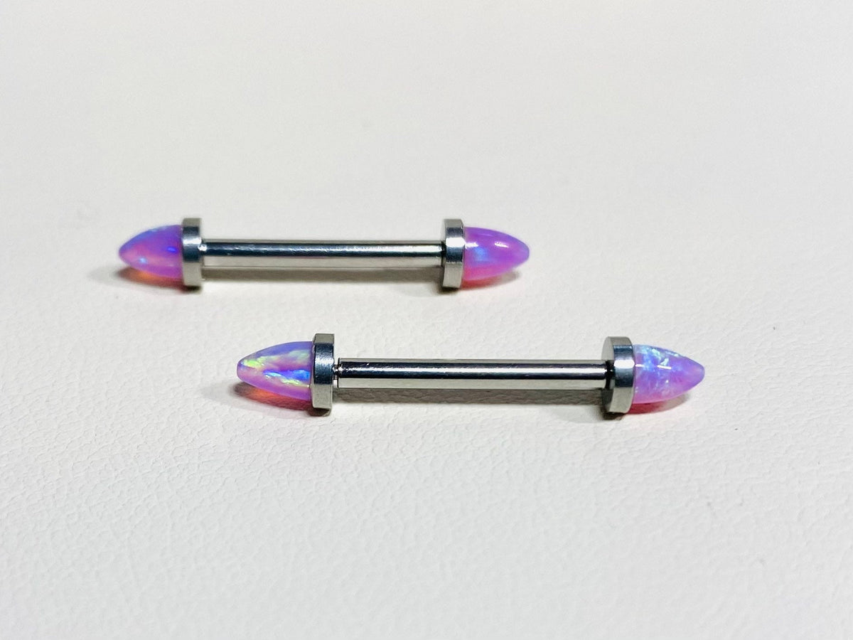 14G Internally Threaded Silver Pink Opal Nipple Barbells. Nipple Piercings. Nipple Rings. Nipple Jewelry