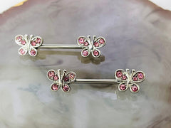 Pair of 14G Silver Butterfly ends Nipple Jewelry for Woman. Nipple Rings. Nipple Piercing. Nipple Jewelry