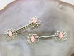 14G Pink Opal Lotus Ends Nipple Barbell Jewelry for Woman. Nipple Rings. Nipple Piercing. Nipple Jewelry.