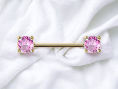 Pair of 14G Gold Prong Setting Sparkling Pink Stone Nipple Barbells. Nipple Rings. Nipple Piercing. Nipple Jewelry