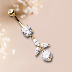 Gold Dainty Leaf Dangling Belly Button Ring Piercing for Girls. Gift for Her