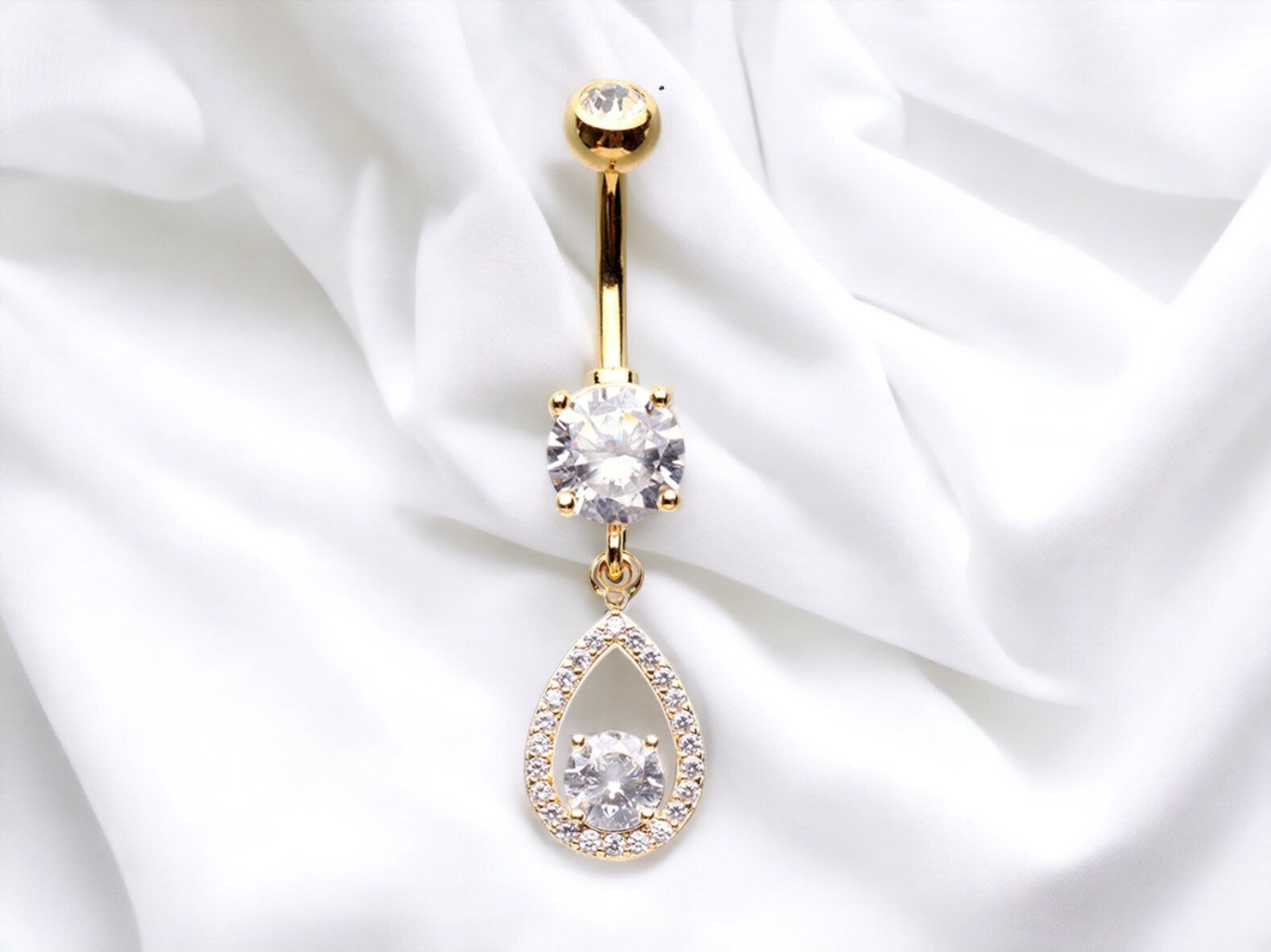 Dainty Gold Teardrop Dangling Belly Button Ring. Fancy Belly Ring