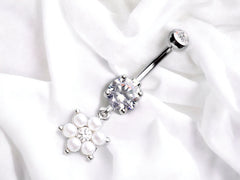 Dainty Silver Fresh Water Cultured Pearls Dangling Belly Button Ring