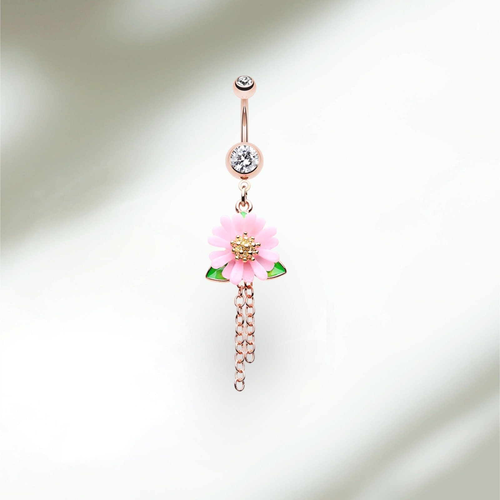 Rose Gold Pink Flower Dangling Chain Dangling Belly Button Ring