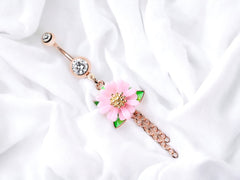 Rose Gold Pink Flower Dangling Chain Dangling Belly Button Ring