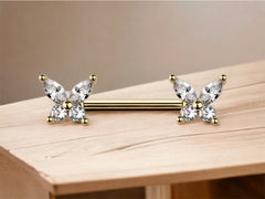 Pair of 14G Gold Sparkle Clear Gems Butterfly Nipple Barbells