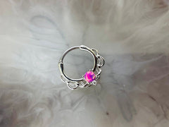 16G Silver Single Pink Opal Center Hinged Septum Clicker Ring