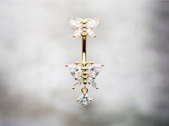 14G Gold Double Butterfly Dangling Clear Gem Belly Button Ring