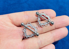 14G Filigree Heart Nipple Barbells. Nipple Piercings. Nipple Rings. Nipple Jewlery