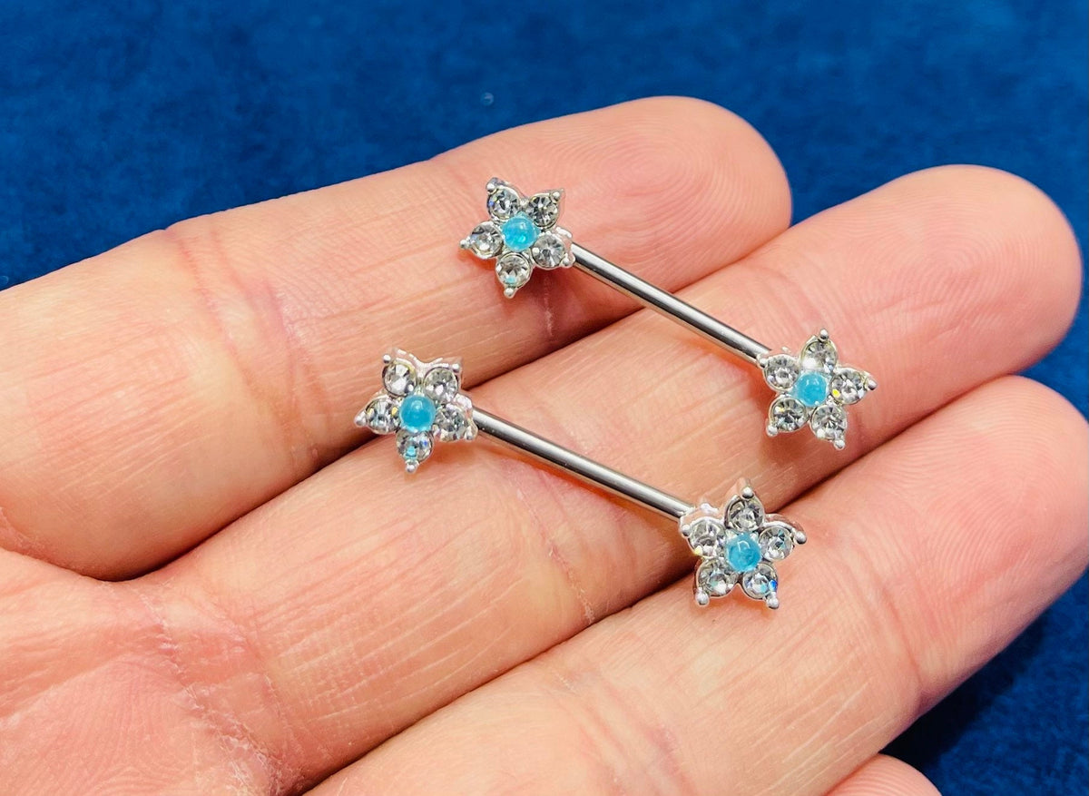 14G Flower Blue Opal Center Nipple Barbell. Nipple Piercings. Nipple Rings. Nipple Jewelry