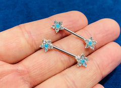 14G Flower Blue Opal Center Nipple Barbell. Nipple Piercings. Nipple Rings. Nipple Jewelry