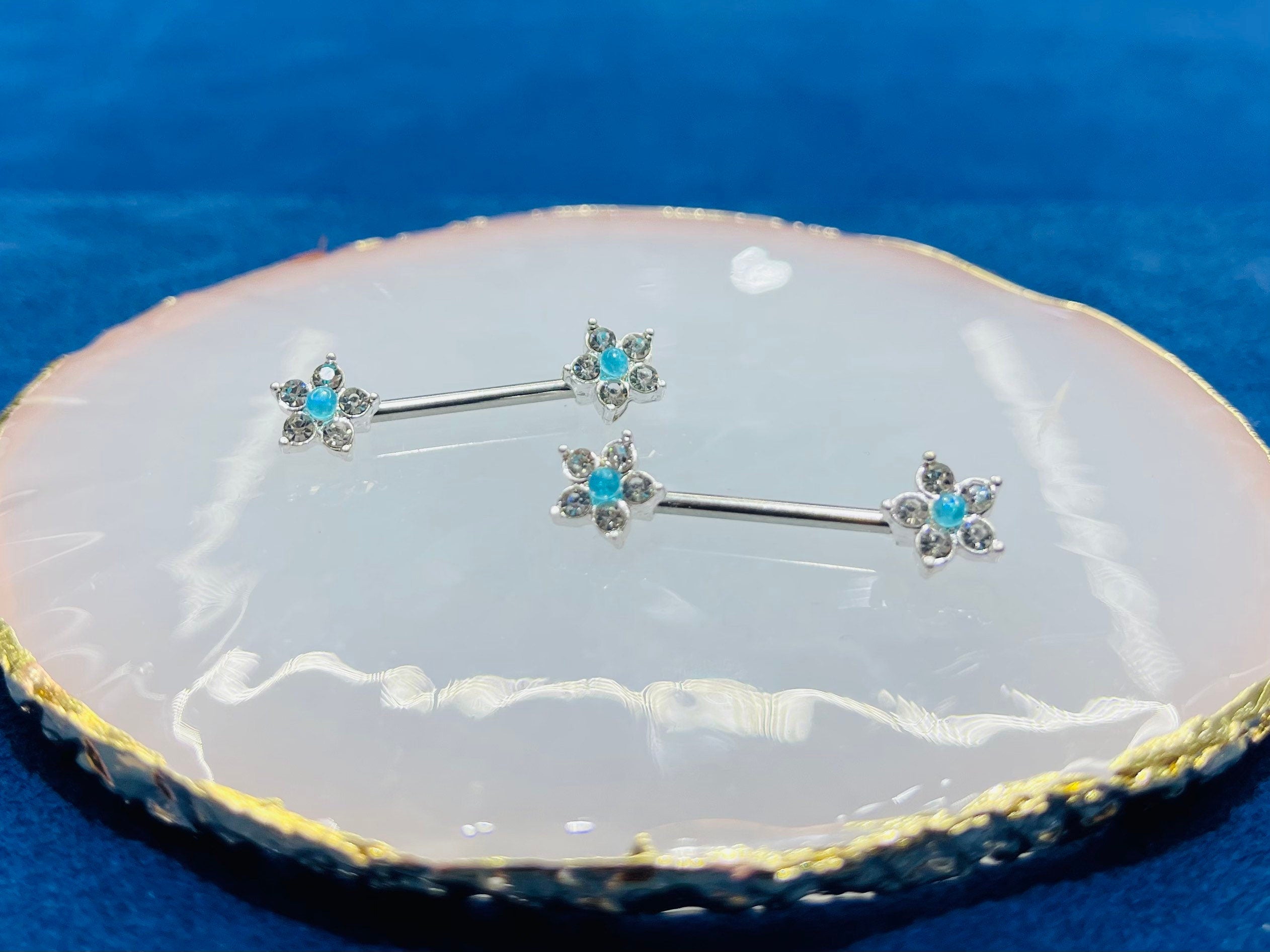 14G Flower Blue Opal Center Nipple Barbell. Nipple Piercings. Nipple Rings. Nipple Jewelry