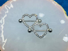 14G Silver Heart Paved Crystals Nipple Barbells. Nipple Jewelry. Nipple Piercing.