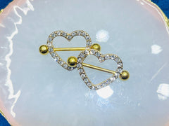 14G Golden Sparkling Heart with Paved Crystals Stones Nipple Barbells. Nipple Jewelry. Nipple Piercing.