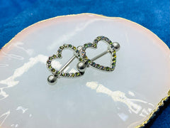 14G Silver Sparkling Heart with Paved Black Crystals Stones Nipple Barbells. Nipple Jewelry. Nipple Piercing.