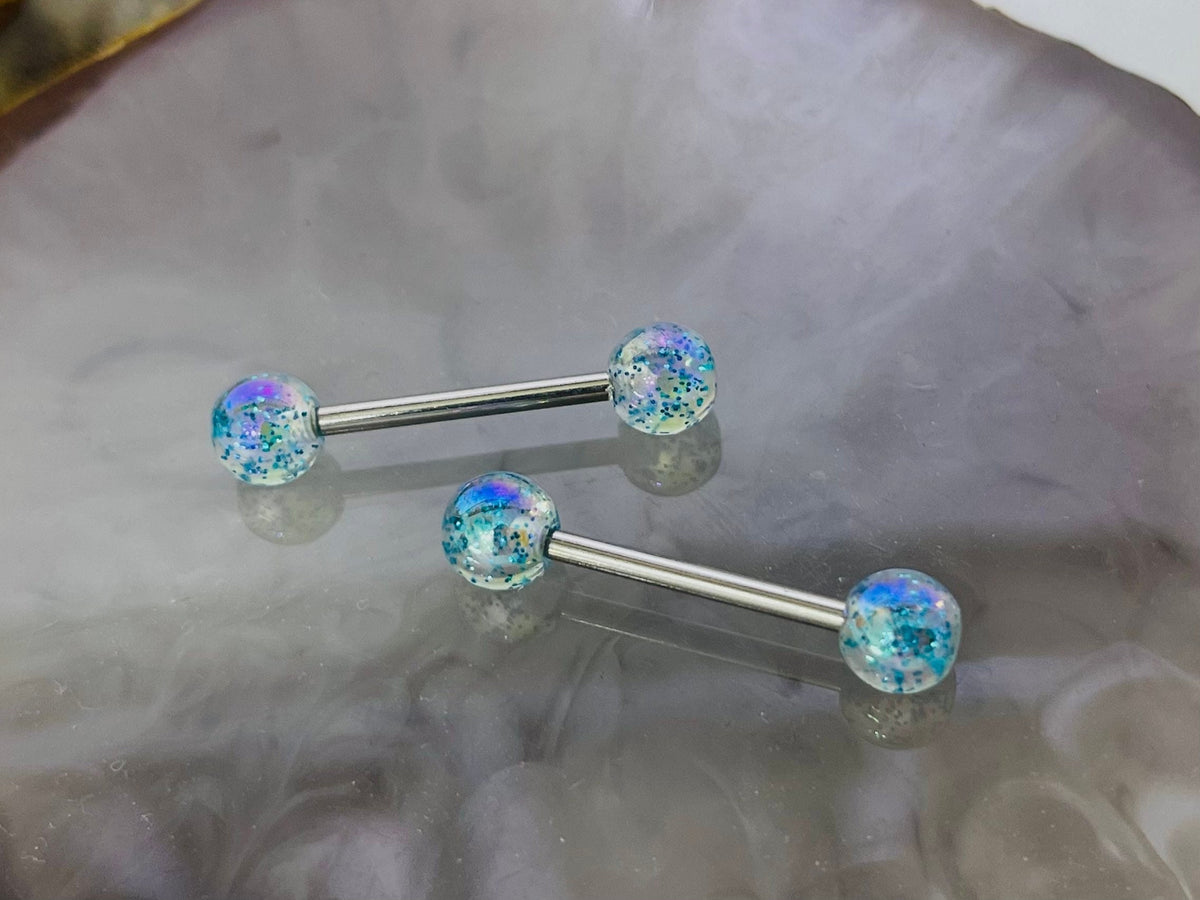 Pair of 14G Blue Iridescent Glitter Acrylic Ball Ends Nipple Barbells. Nipple Rings. Nipple Piercing. Nipple Jewelry.