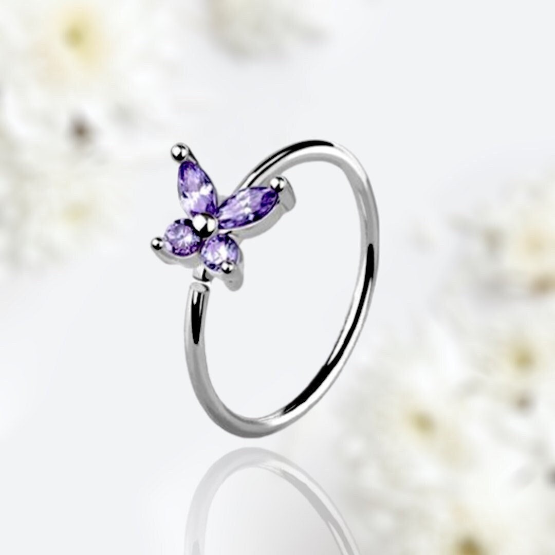 20G Silver Purple Gems Butterfly Top Bendable Nose Hoop. Cartilage Hoop. Nose Ring. Nose Piercing.