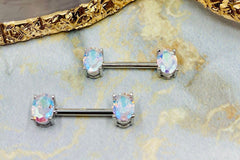 Pair of 14G Multicolor Stone Oval Prong Nipple Barbell Set. Nipple Piercing. Nipple Barbells. Surgical Steel.