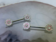 Pair of 14G Pink Blush Flower Nipple Barbell. Nipple Rings. Nipple Piercing. Nipple Jewelry.